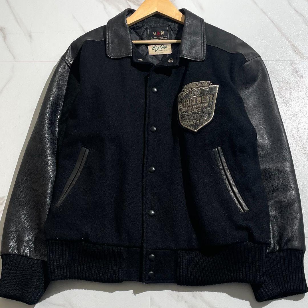 相当/希少✨ VAN JACKET スタジャン アーチロゴ 黒 牛革 ワッペン