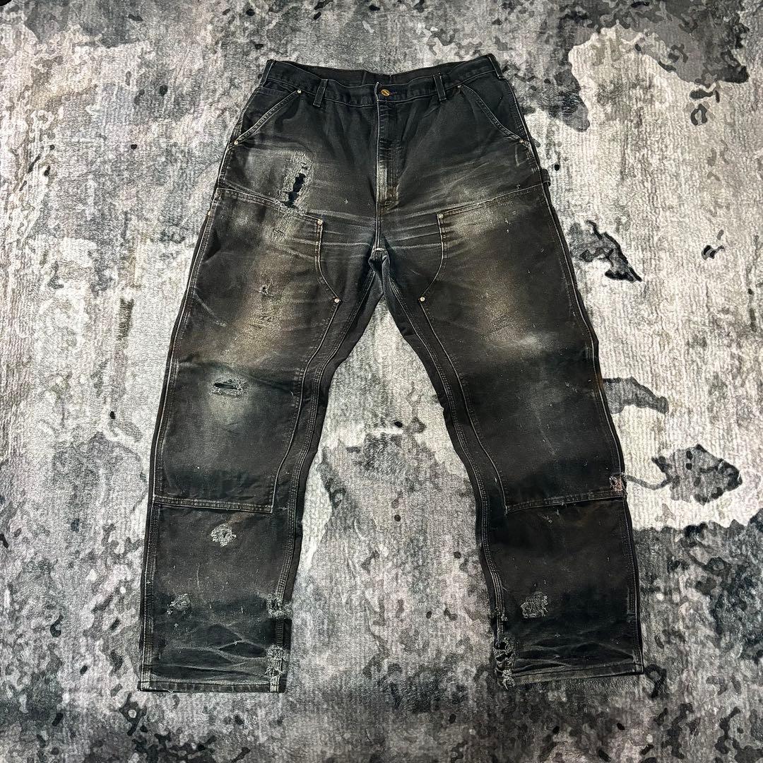 38×34 USA製 カーハート ダブルニー ボロ 墨黒 リペア 雰囲気