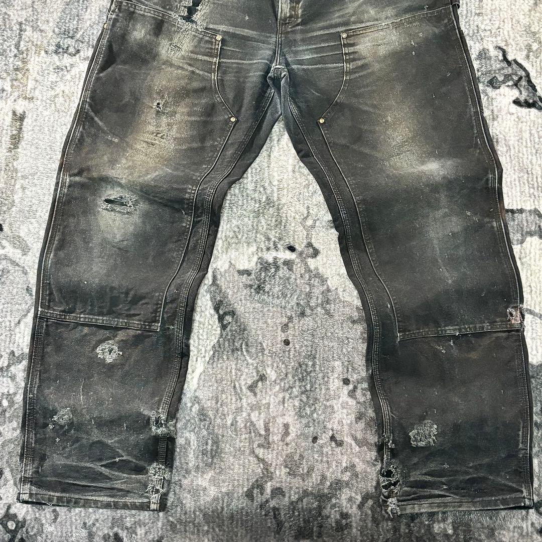 38×34 USA製 カーハート ダブルニー ボロ 墨黒 リペア 雰囲気