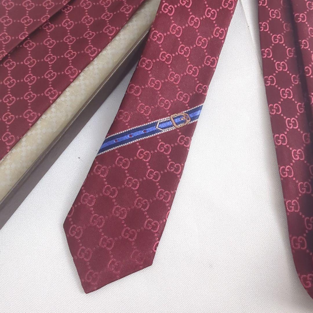 【美品】GUCCI グッチ GG柄 ロゴ 総柄 ネクタイ レッド系