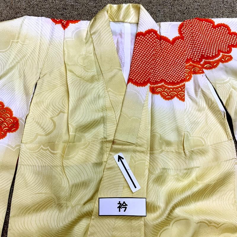 509ag4□七五三 七歳 女児 着物&袋帯 金駒刺繍 地紋 花鼓 雲取り□美品