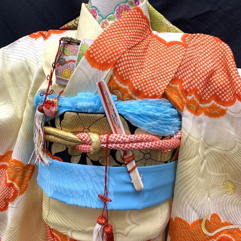 509ag4□七五三 七歳 女児 着物&袋帯 金駒刺繍 地紋 花鼓 雲取り□美品