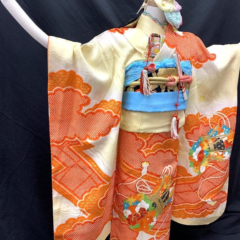 509ag4□七五三 七歳 女児 着物&袋帯 金駒刺繍 地紋 花鼓 雲取り□美品