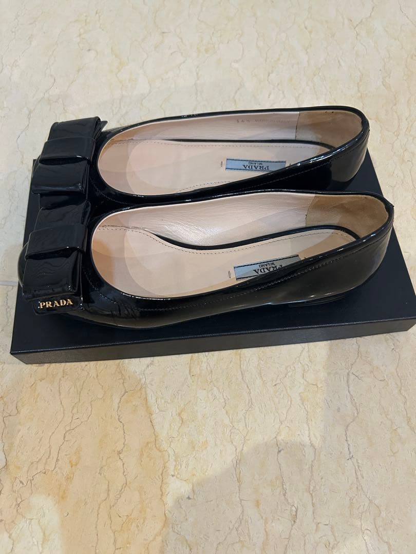 PRADA ブラック リボン付き36 1/2バレエシューズ