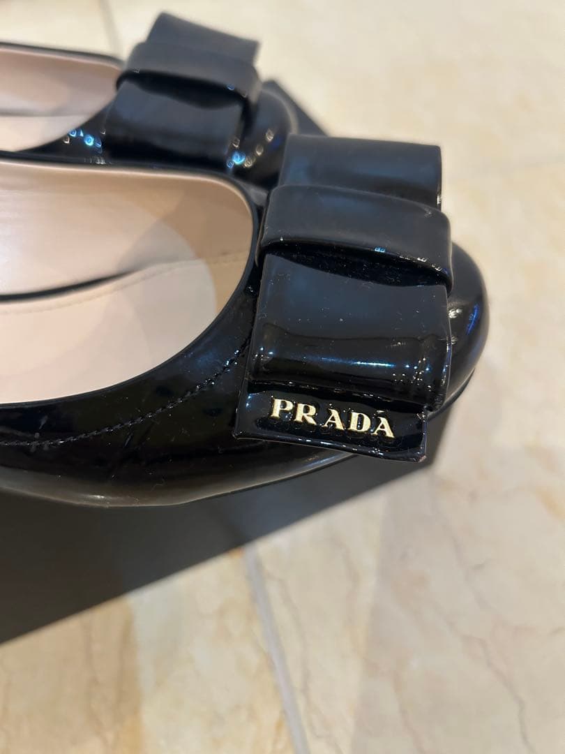 PRADA ブラック リボン付き36 1/2バレエシューズ
