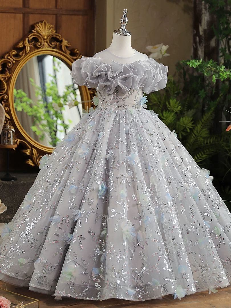 グレー フラワー フレアドレス 子供用ドレス　女の子ドレス　発表会　舞台