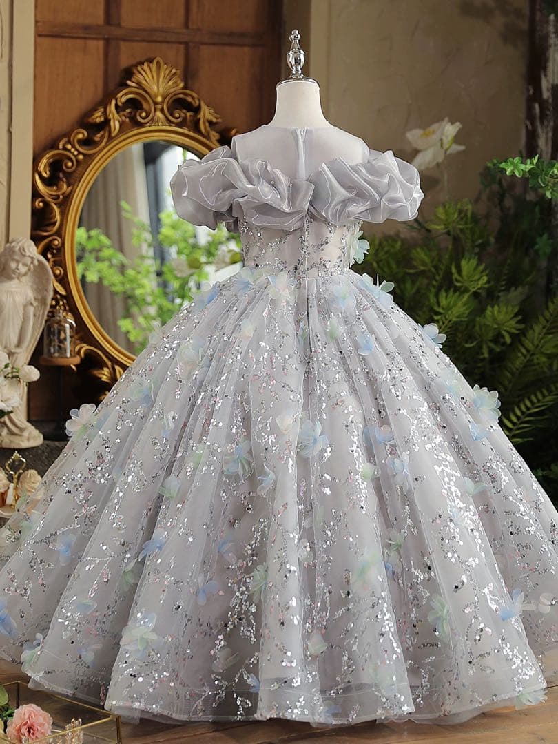 グレー フラワー フレアドレス 子供用ドレス　女の子ドレス　発表会　舞台