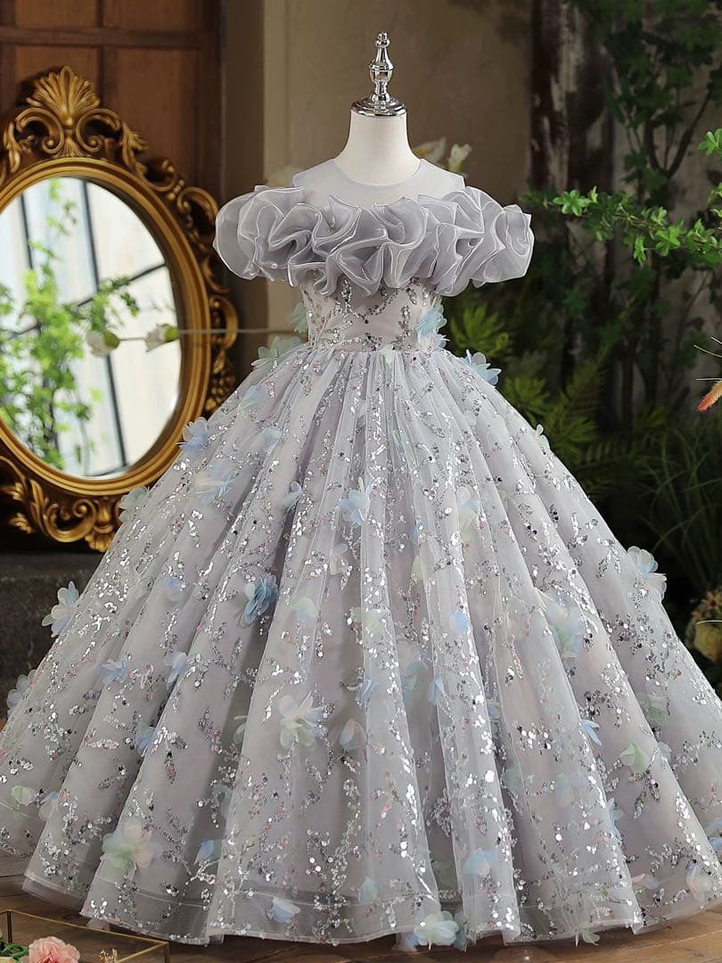 グレー フラワー フレアドレス 子供用ドレス　女の子ドレス　発表会　舞台