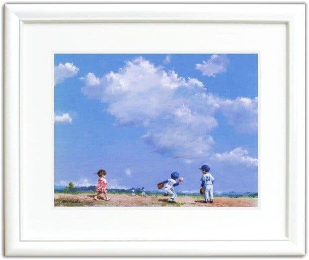 櫻井幸雄　額縁付き複製画　少年野球「遠投」リトルリーグ　桜井幸雄