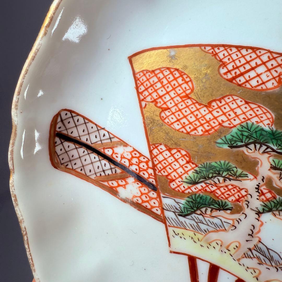 明治末～大正期　幻の窯元　源六窯　　　色絵扇松鶴文小皿　10枚　直径11.6㎝