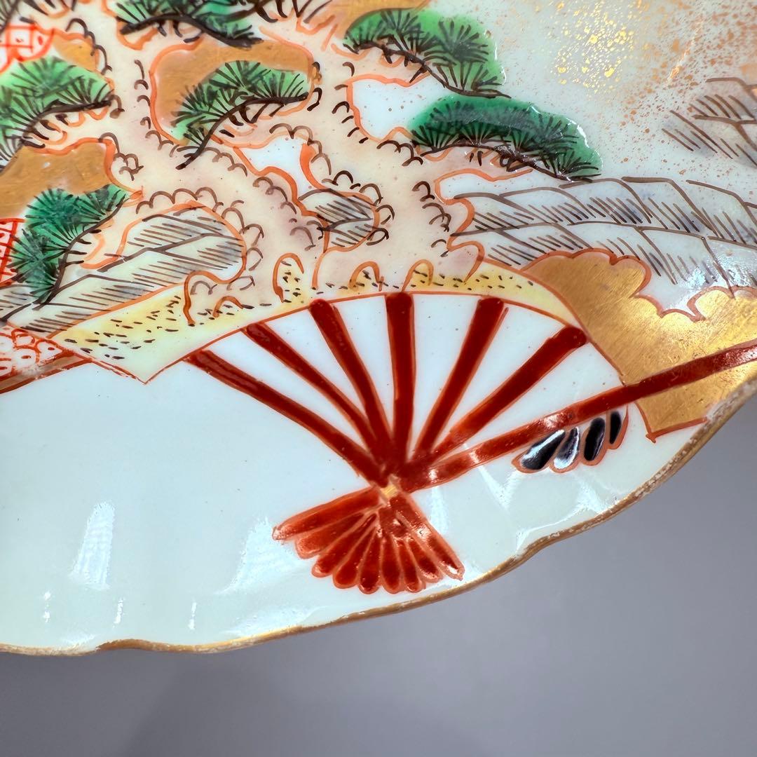 明治末～大正期　幻の窯元　源六窯　　　色絵扇松鶴文小皿　10枚　直径11.6㎝