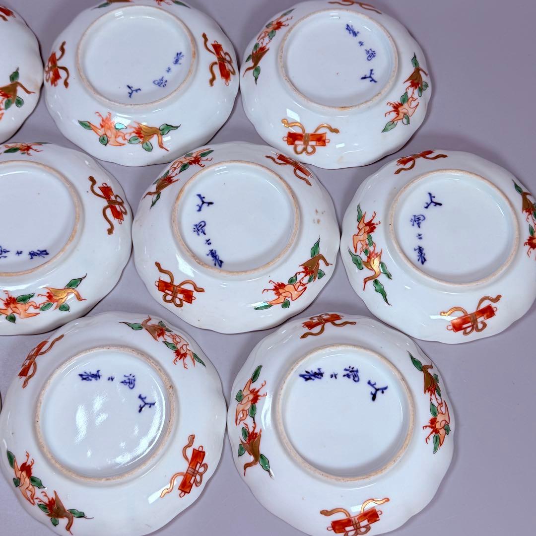 明治末～大正期　幻の窯元　源六窯　　　色絵扇松鶴文小皿　10枚　直径11.6㎝