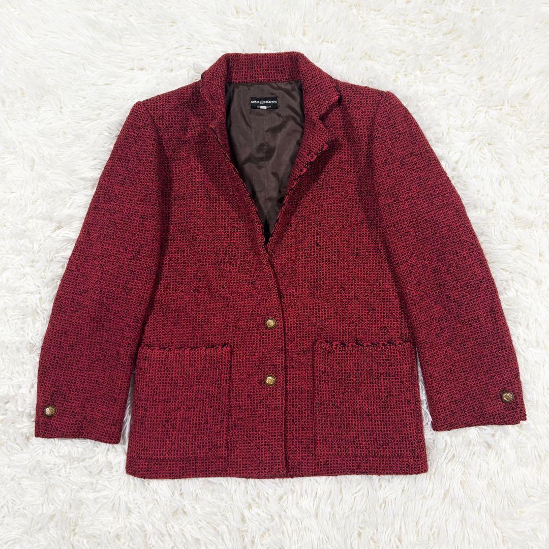 極美品　CHANEL ツイード　レッド　テーラードジャケット　金　ココ　ボタン