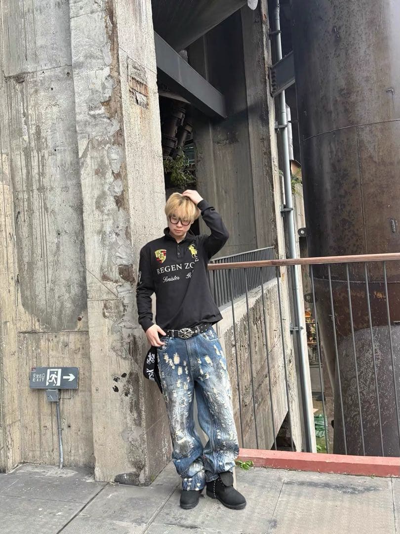 REGEN ZONE y2k opium ロゴ刺繍 長袖ポロシャツ