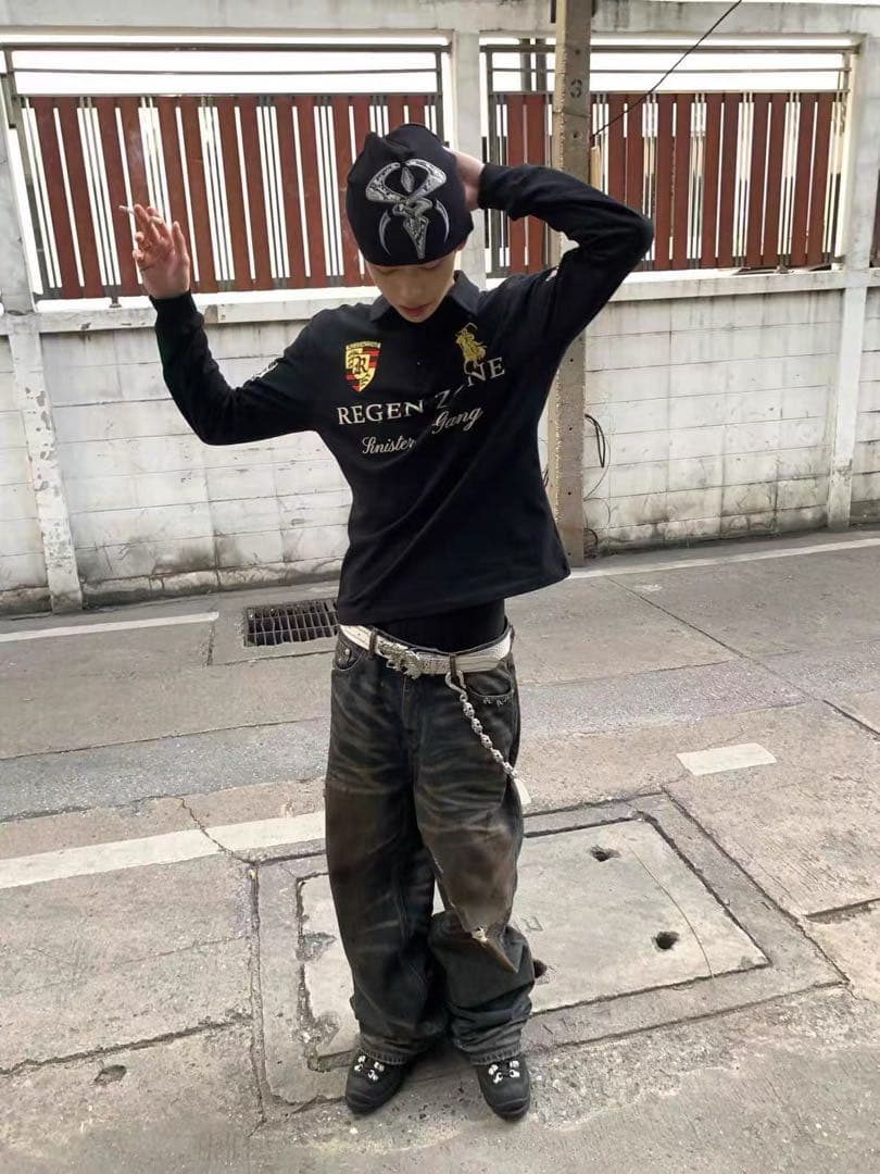 REGEN ZONE y2k opium ロゴ刺繍 長袖ポロシャツ