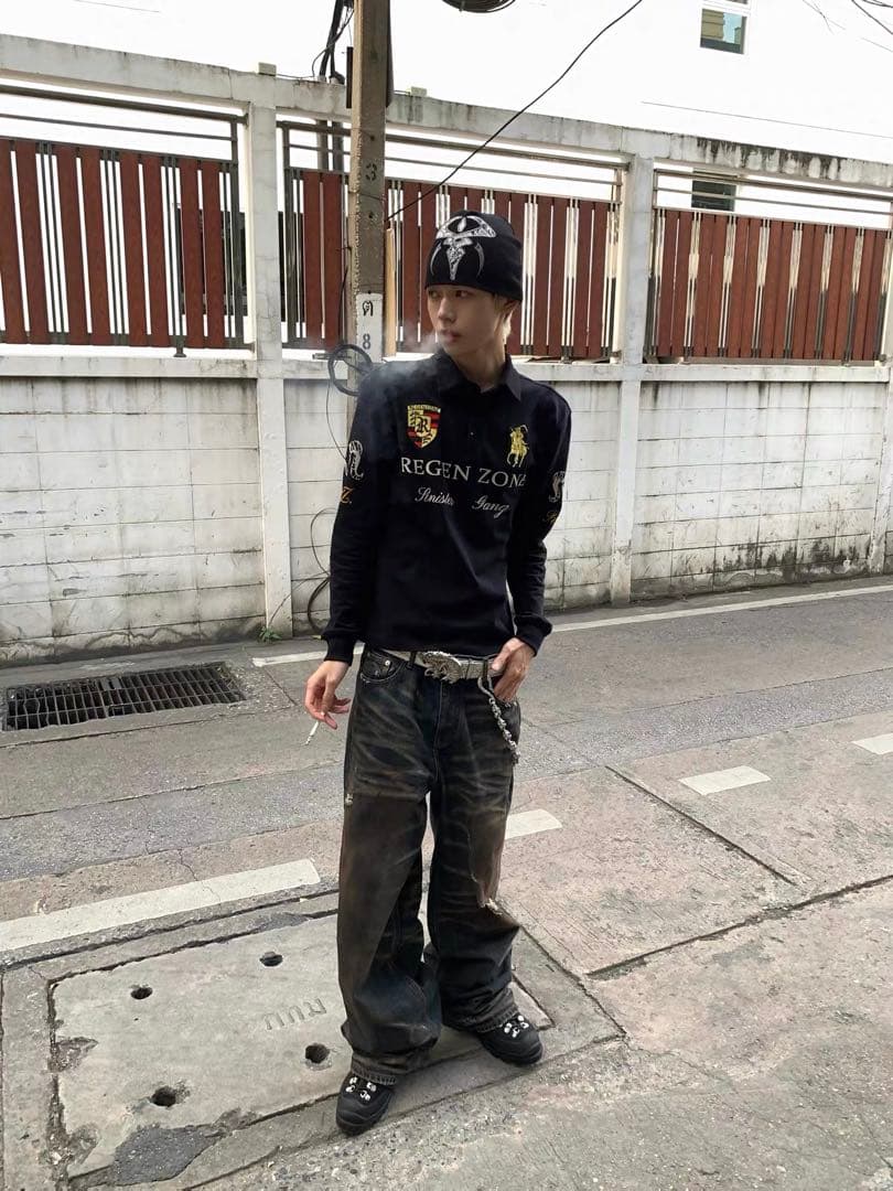 REGEN ZONE y2k opium ロゴ刺繍 長袖ポロシャツ