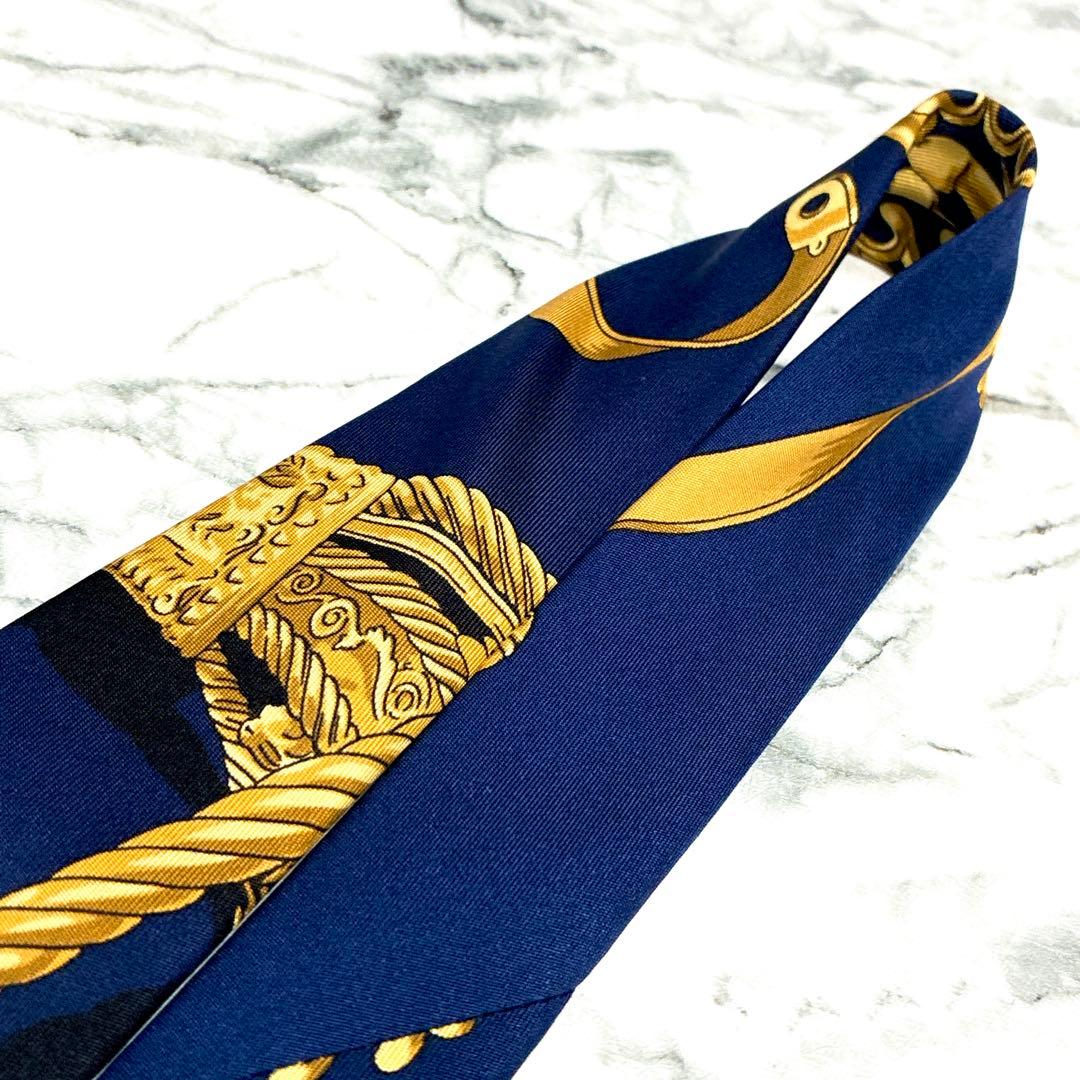 ✨未使用✨エルメス　スカーフ柄③ ネイビー✖️ゴールド　ネクタイ