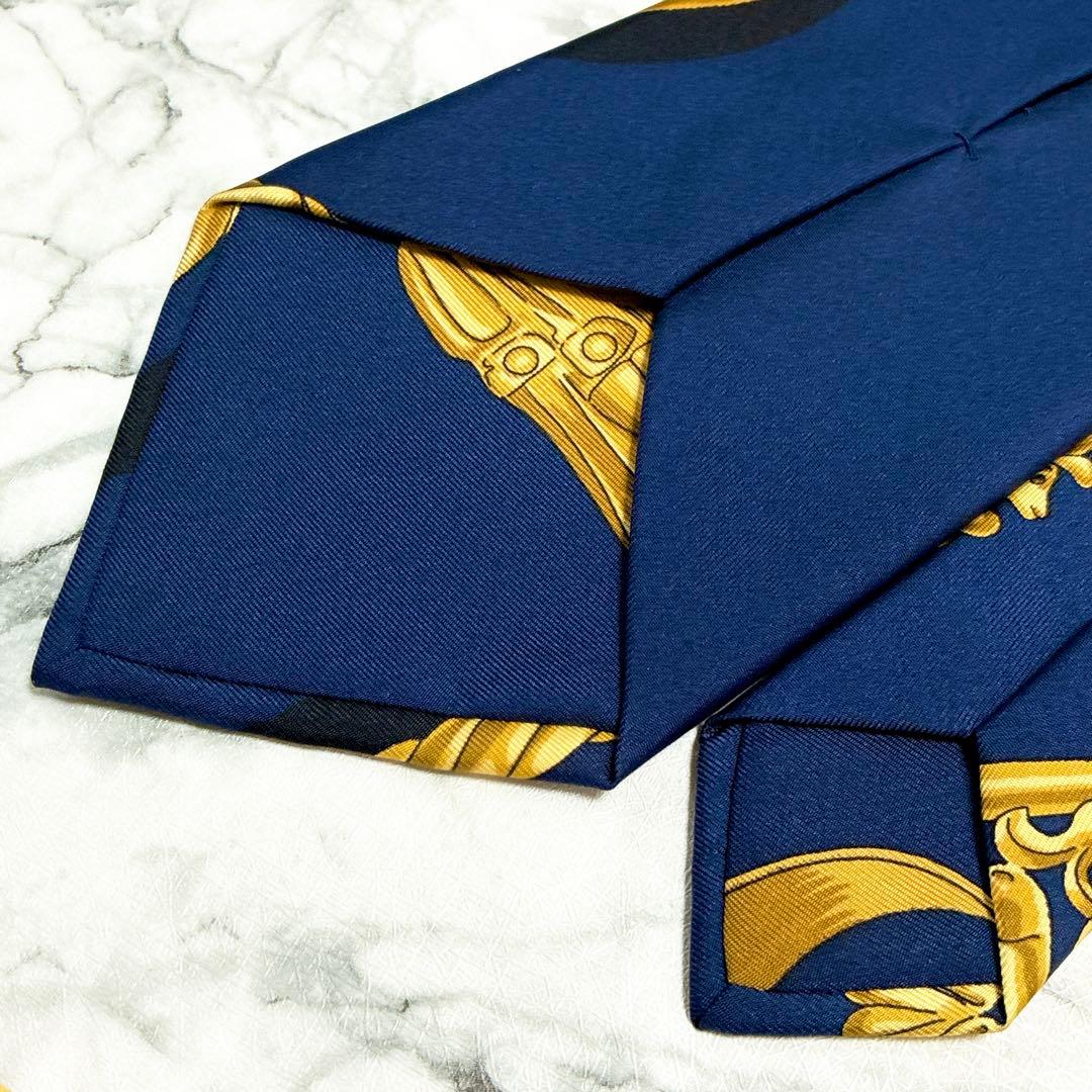 ✨未使用✨エルメス　スカーフ柄③ ネイビー✖️ゴールド　ネクタイ