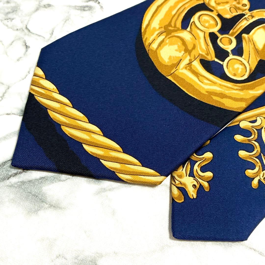✨未使用✨エルメス　スカーフ柄③ ネイビー✖️ゴールド　ネクタイ