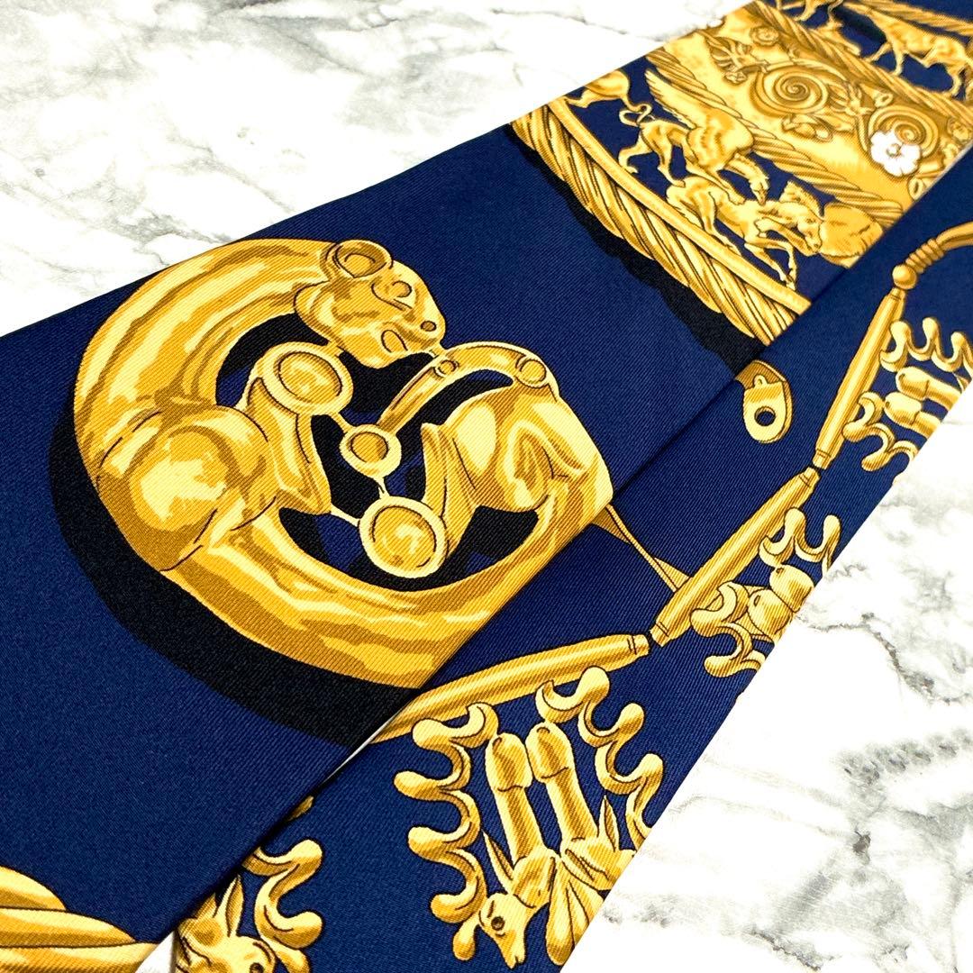 ✨未使用✨エルメス　スカーフ柄③ ネイビー✖️ゴールド　ネクタイ