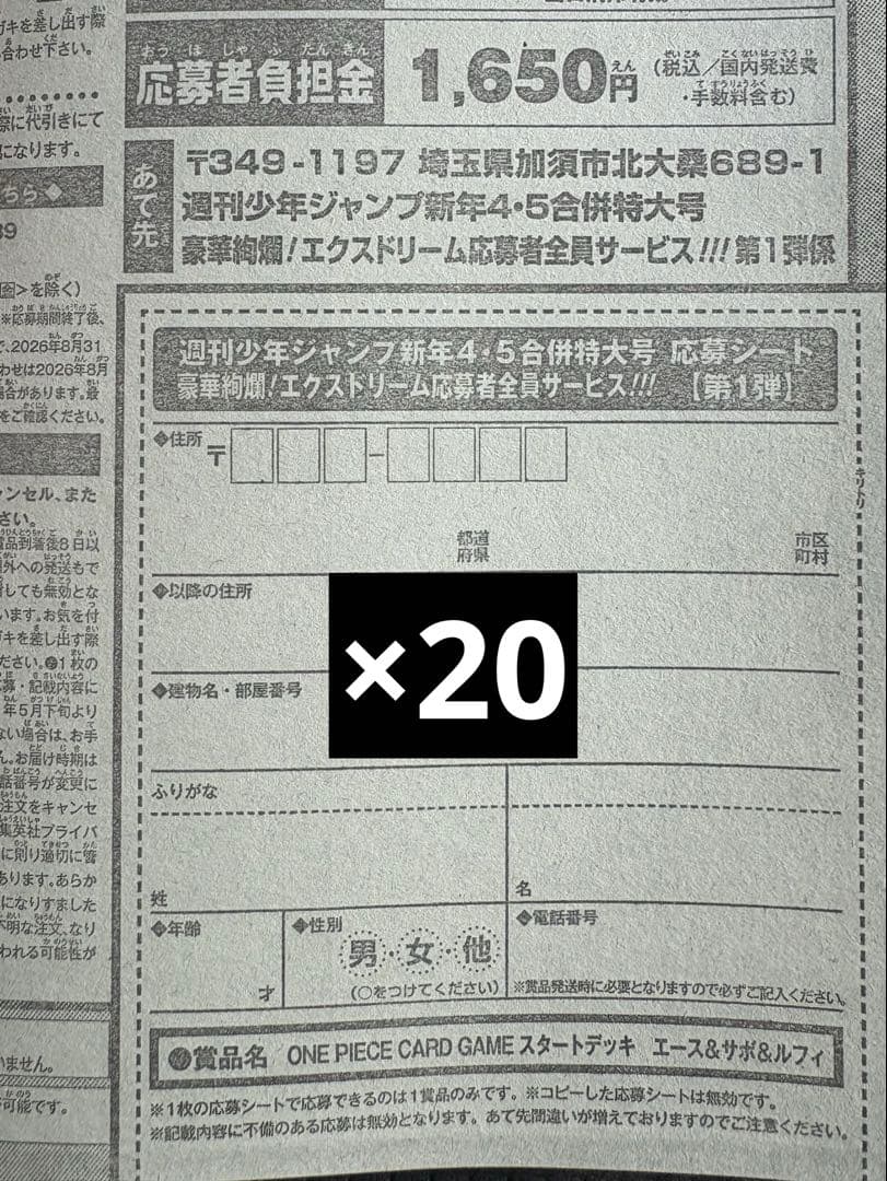エース&サボ&ルフィ20セット応募用 週刊少年ジャンプ 【新年4•5合併特大号】
