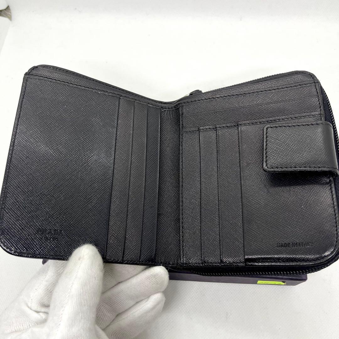 箱付き/入手困難✨プラダ 二つ折り財布 三角ロゴ サフィアーノ ブラック レザー