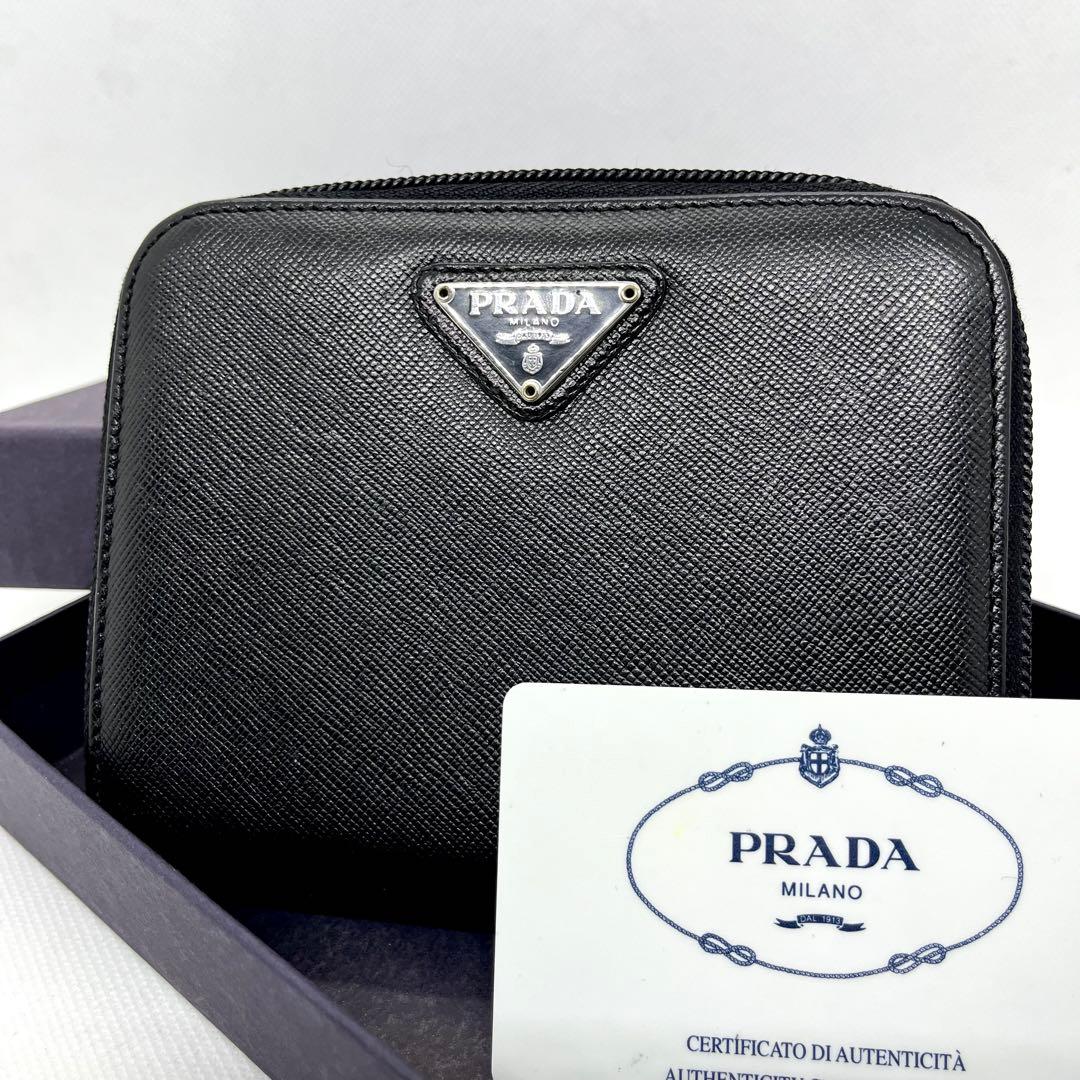箱付き/入手困難✨プラダ 二つ折り財布 三角ロゴ サフィアーノ ブラック レザー