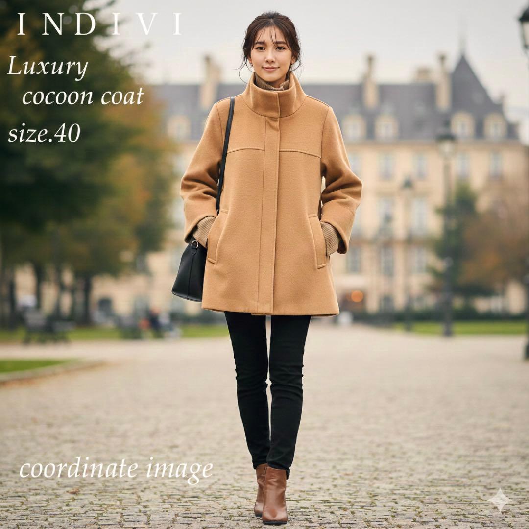 美品 INDIVI インディヴィ コクーン コート ブラウン L 40 ニット袖