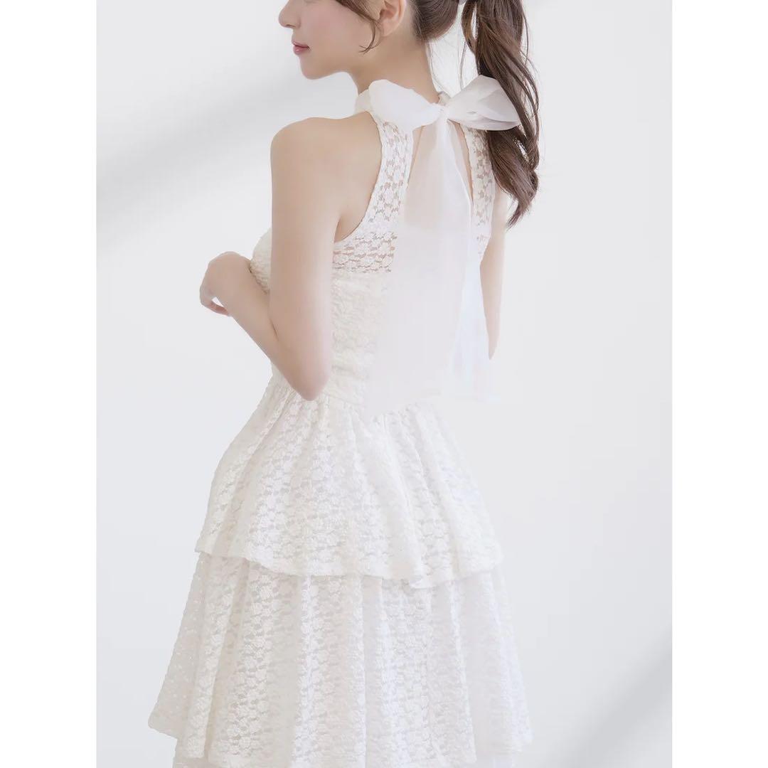 新品タグ付き ダーリッチ バックリボンフラワーレースティアードロングドレス 白