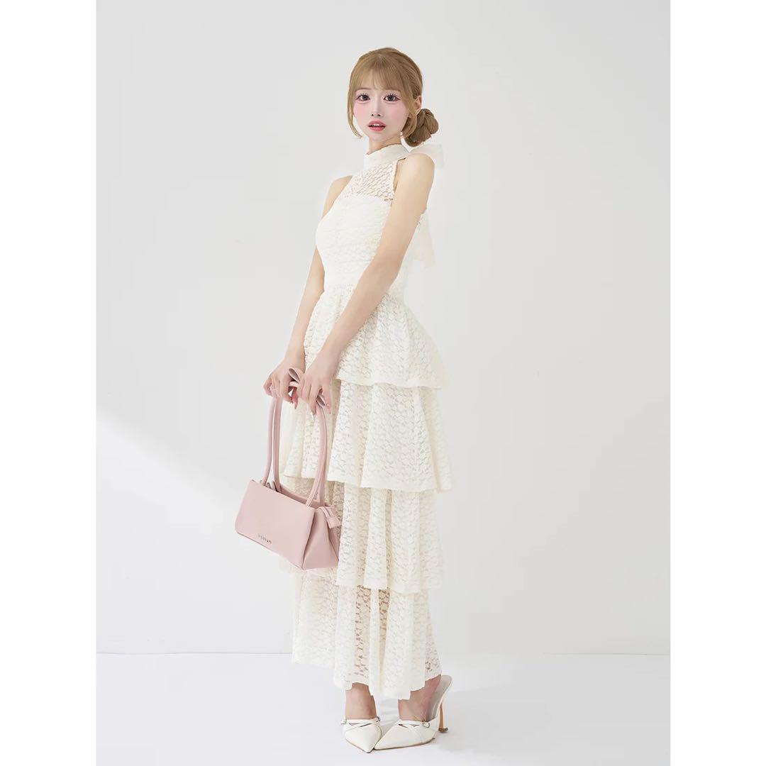 新品タグ付き ダーリッチ バックリボンフラワーレースティアードロングドレス 白