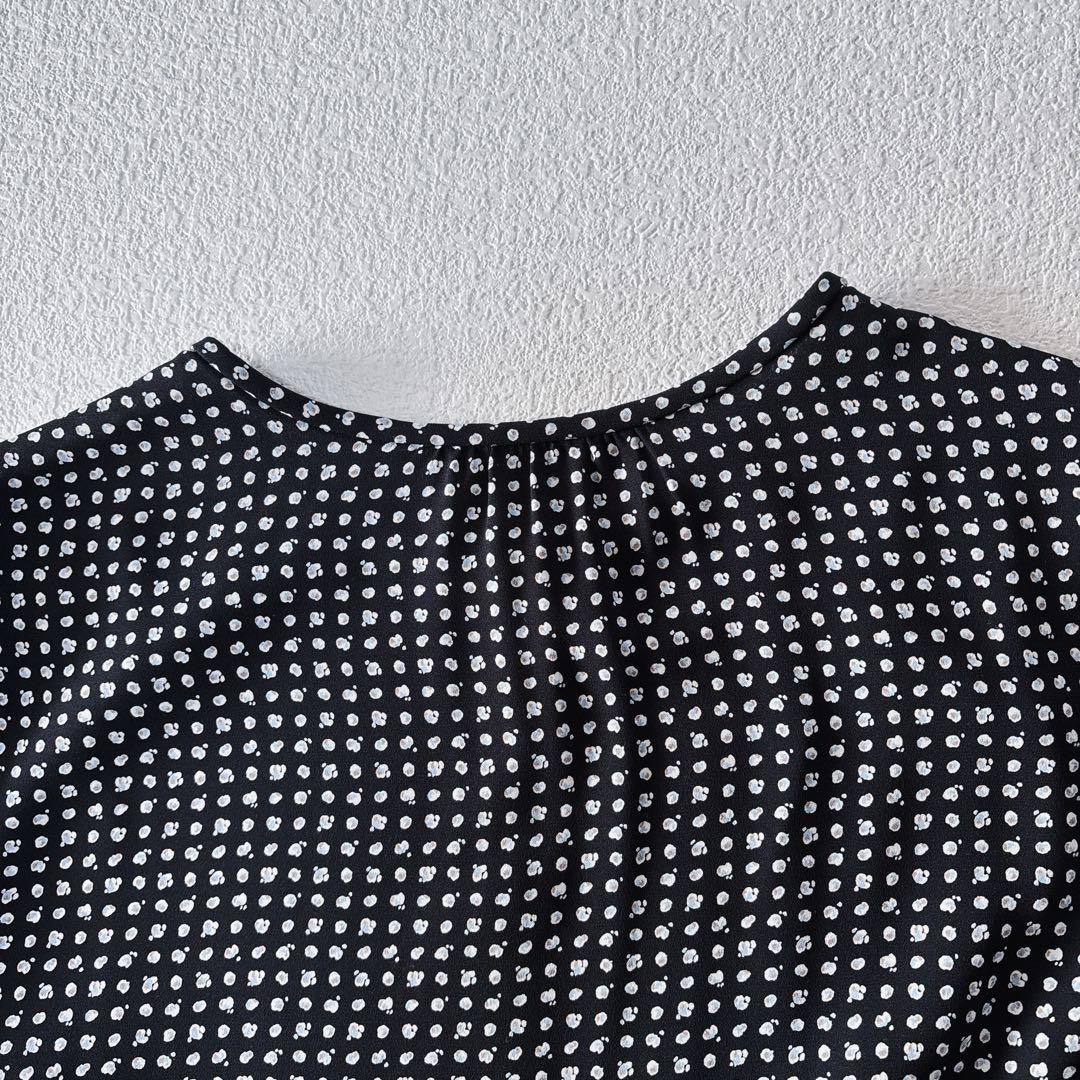 アナイ ANAYI モノトーンプリントフレアワンピース ボウタイ付き 長袖