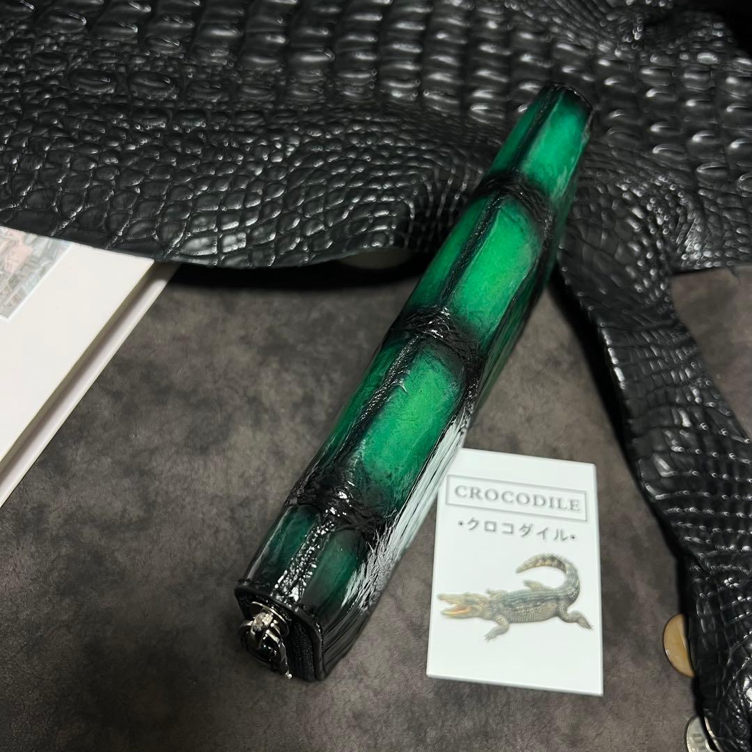 実物一枚革　クロコダイル　ラウンドファスナー 本革　手染め手作り　長財布　人気