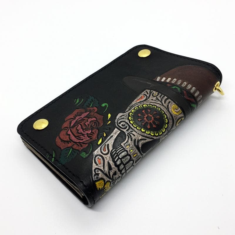 ミドルトラッカーウォレット 真鍮 ★メキシカンスカル&ローズ★