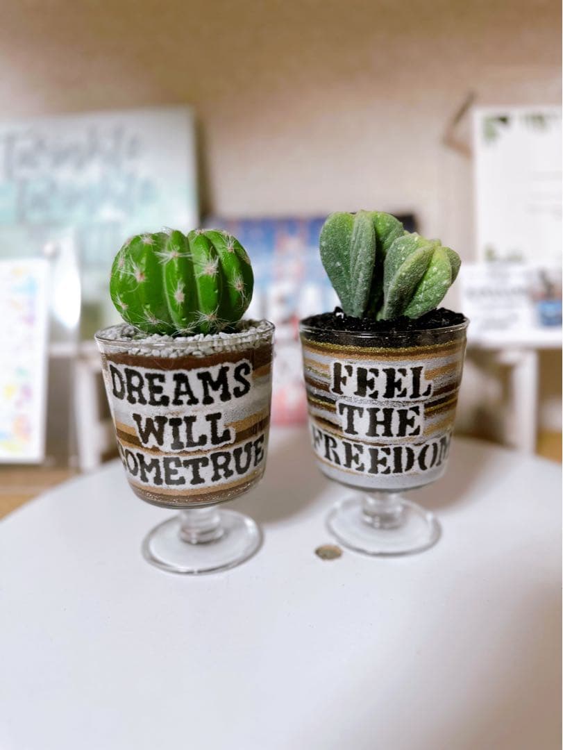 サボテン鉢セット アメリカ国旗・ルート66 カラーサンドアート