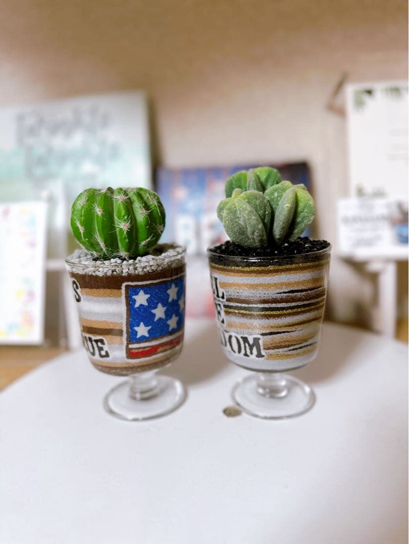 サボテン鉢セット アメリカ国旗・ルート66 カラーサンドアート