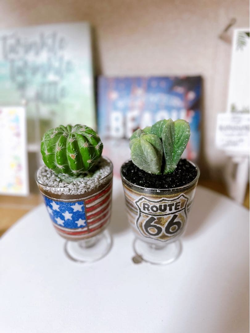 サボテン鉢セット アメリカ国旗・ルート66 カラーサンドアート