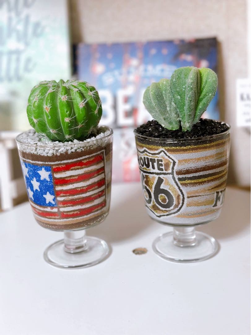 サボテン鉢セット アメリカ国旗・ルート66 カラーサンドアート