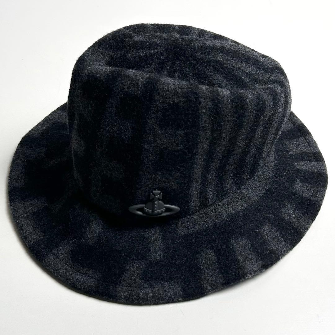 【極美品】ヴィヴィアンウエストウッド/総柄ウールハット/グレー×ブラック/オーブ