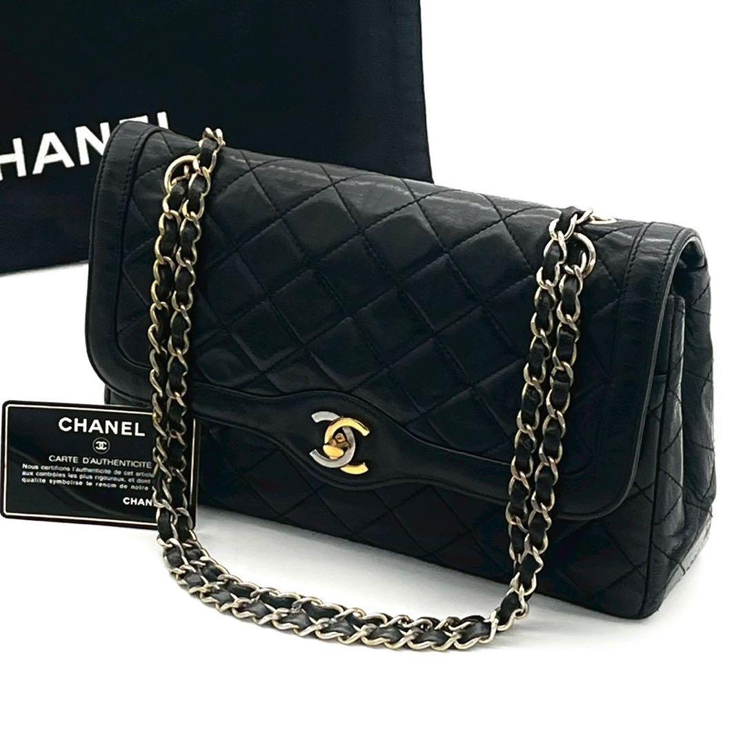 【美品】　シャネル パリ限定 ダブルフラップ チェーンショルダーバッグ ブラック
