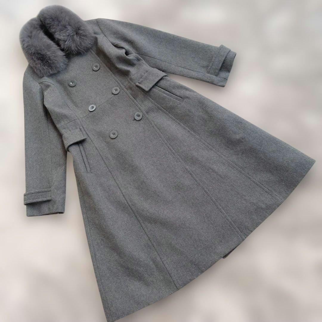 新品　グレー ウール ダブルブレストコート ファー付き　フォックス　LL　XL