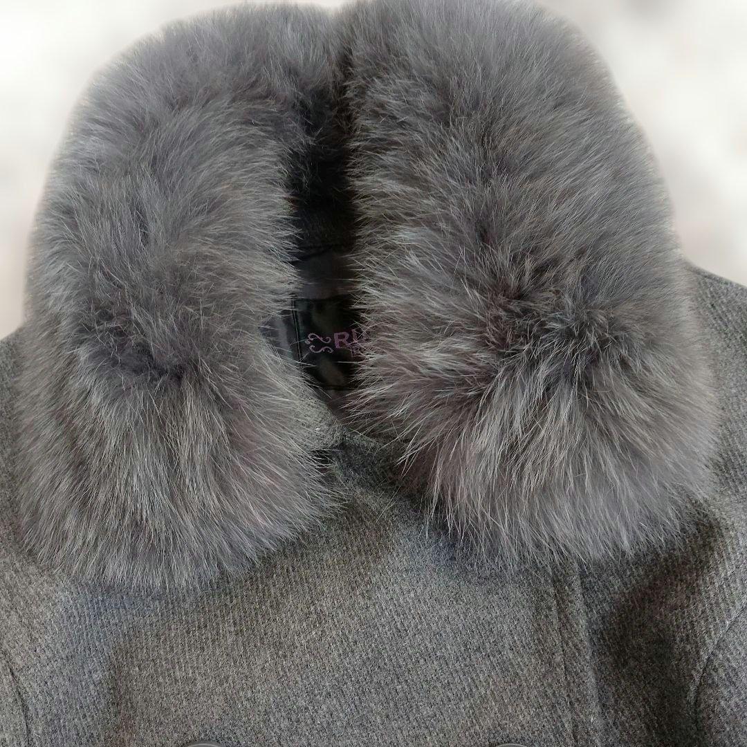 新品　グレー ウール ダブルブレストコート ファー付き　フォックス　LL　XL