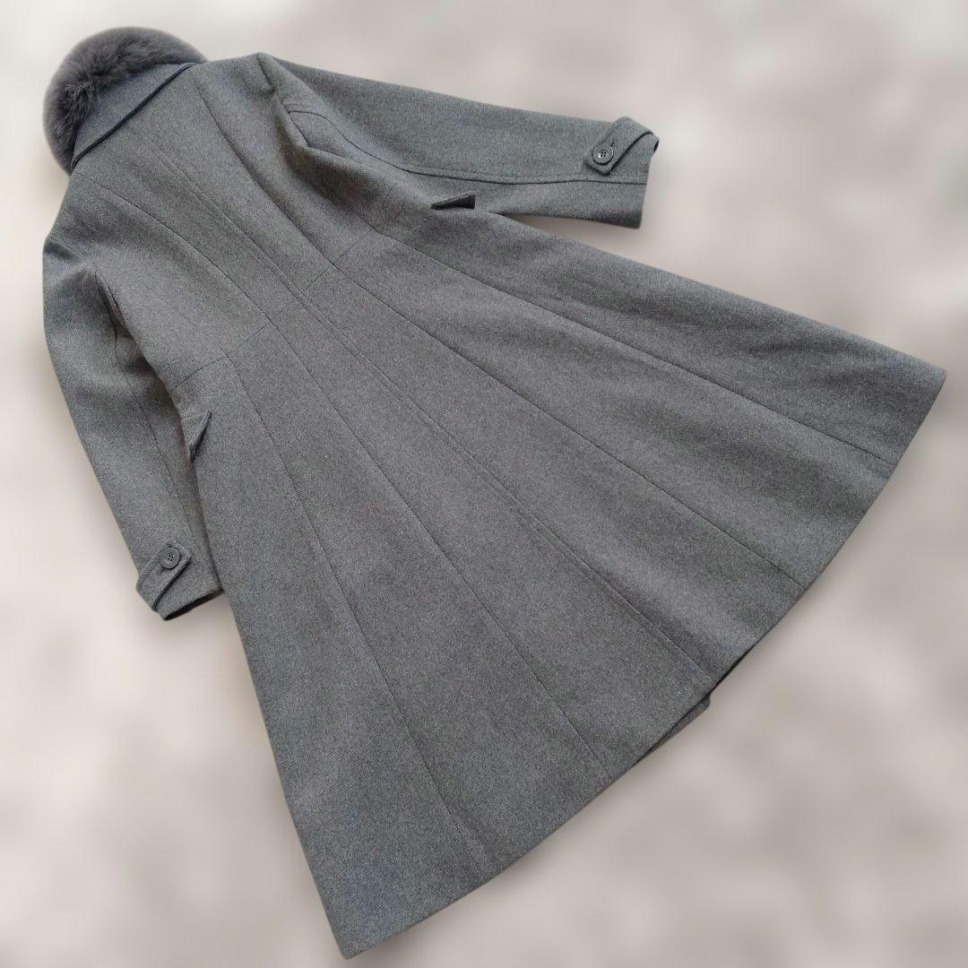新品　グレー ウール ダブルブレストコート ファー付き　フォックス　LL　XL