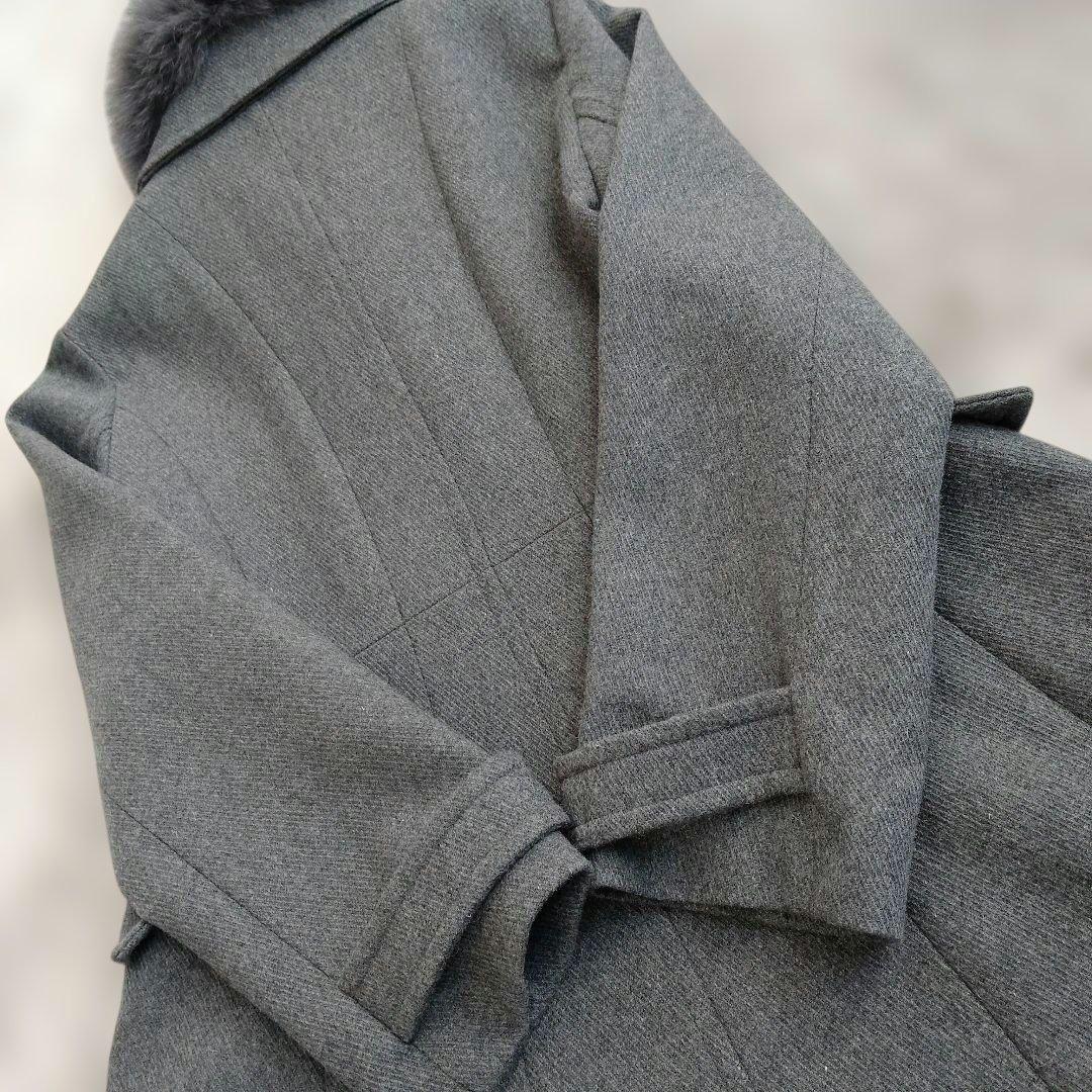 新品　グレー ウール ダブルブレストコート ファー付き　フォックス　LL　XL