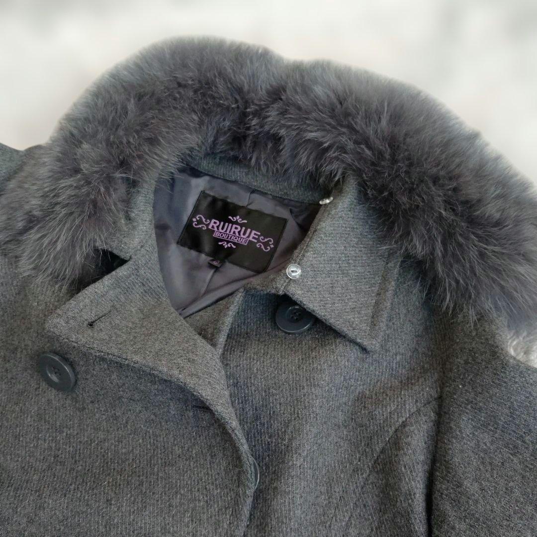 新品　グレー ウール ダブルブレストコート ファー付き　フォックス　LL　XL