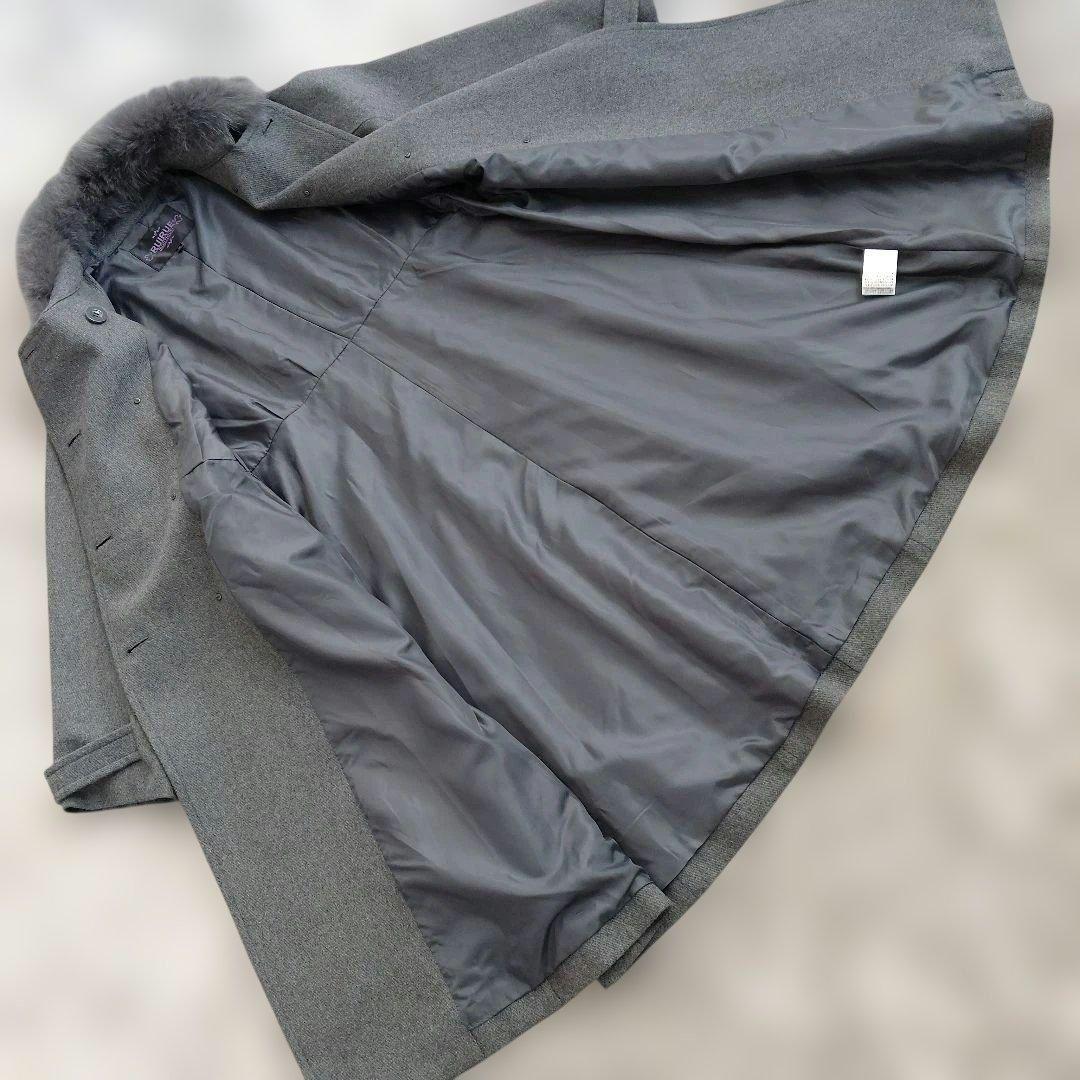 新品　グレー ウール ダブルブレストコート ファー付き　フォックス　LL　XL