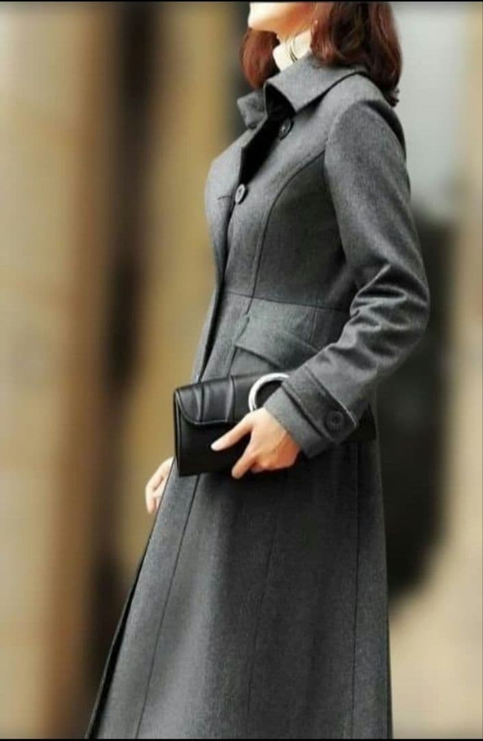 新品　グレー ウール ダブルブレストコート ファー付き　フォックス　LL　XL