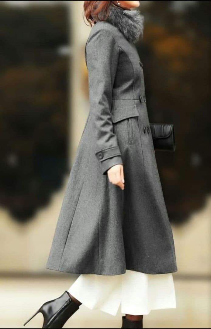 新品　グレー ウール ダブルブレストコート ファー付き　フォックス　LL　XL