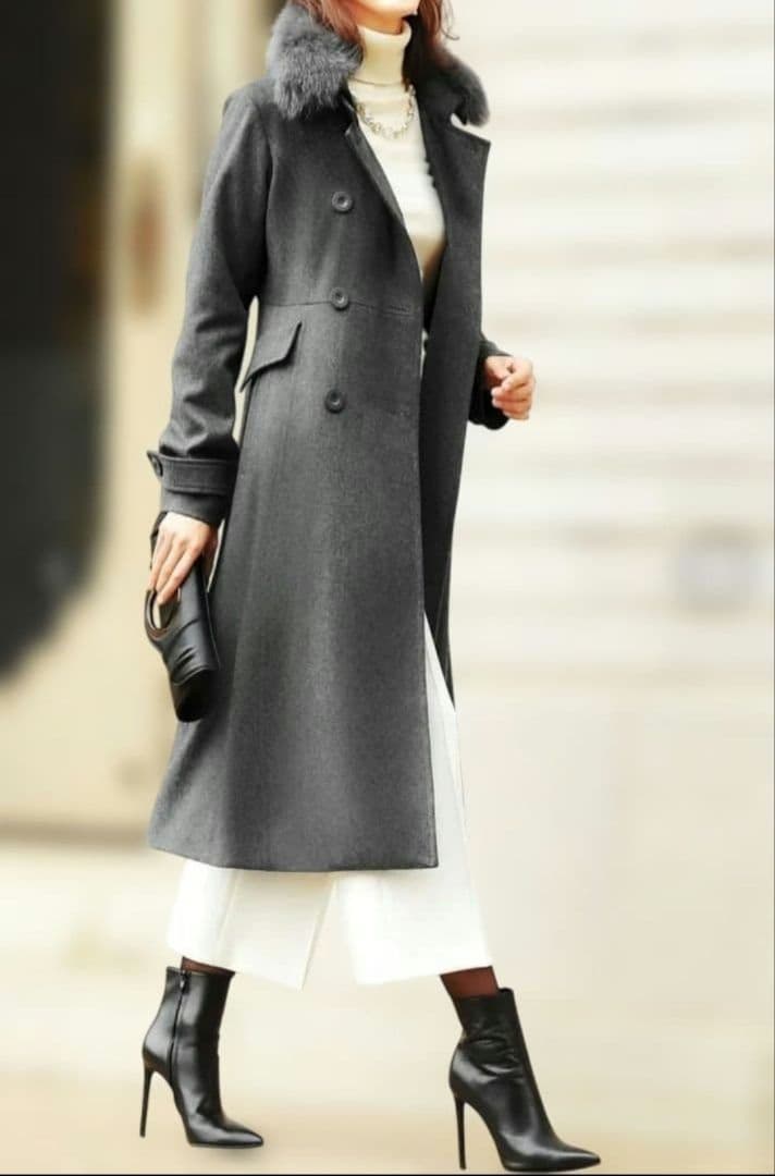 新品　グレー ウール ダブルブレストコート ファー付き　フォックス　LL　XL