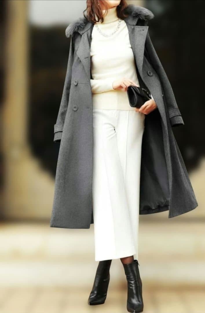 新品　グレー ウール ダブルブレストコート ファー付き　フォックス　LL　XL