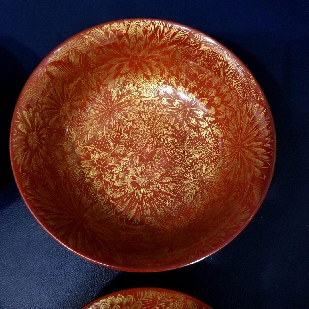 たまきち様確認用　輪島塗　朱漆塗 内総沈金 菊花紋詰 吸物椀 金蒔絵羽反2客